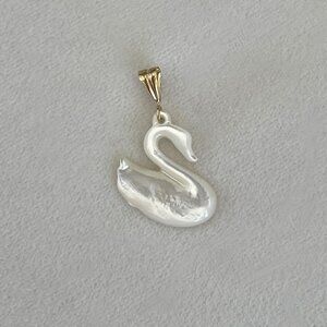 Solid 14K Yellow Mother of Pearl Swan Pendant Charm Necklace 90s Boho Coquette